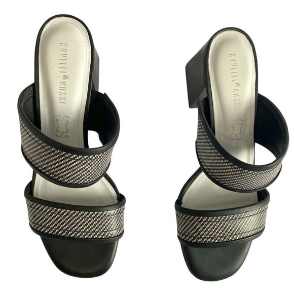 CAPELLI ROSSI BLACK WHITE INDI-90 STRAPPY SLIP ON GLOSSY BLOCK HEEL SANDALS - 9 - Picture 4 of 9